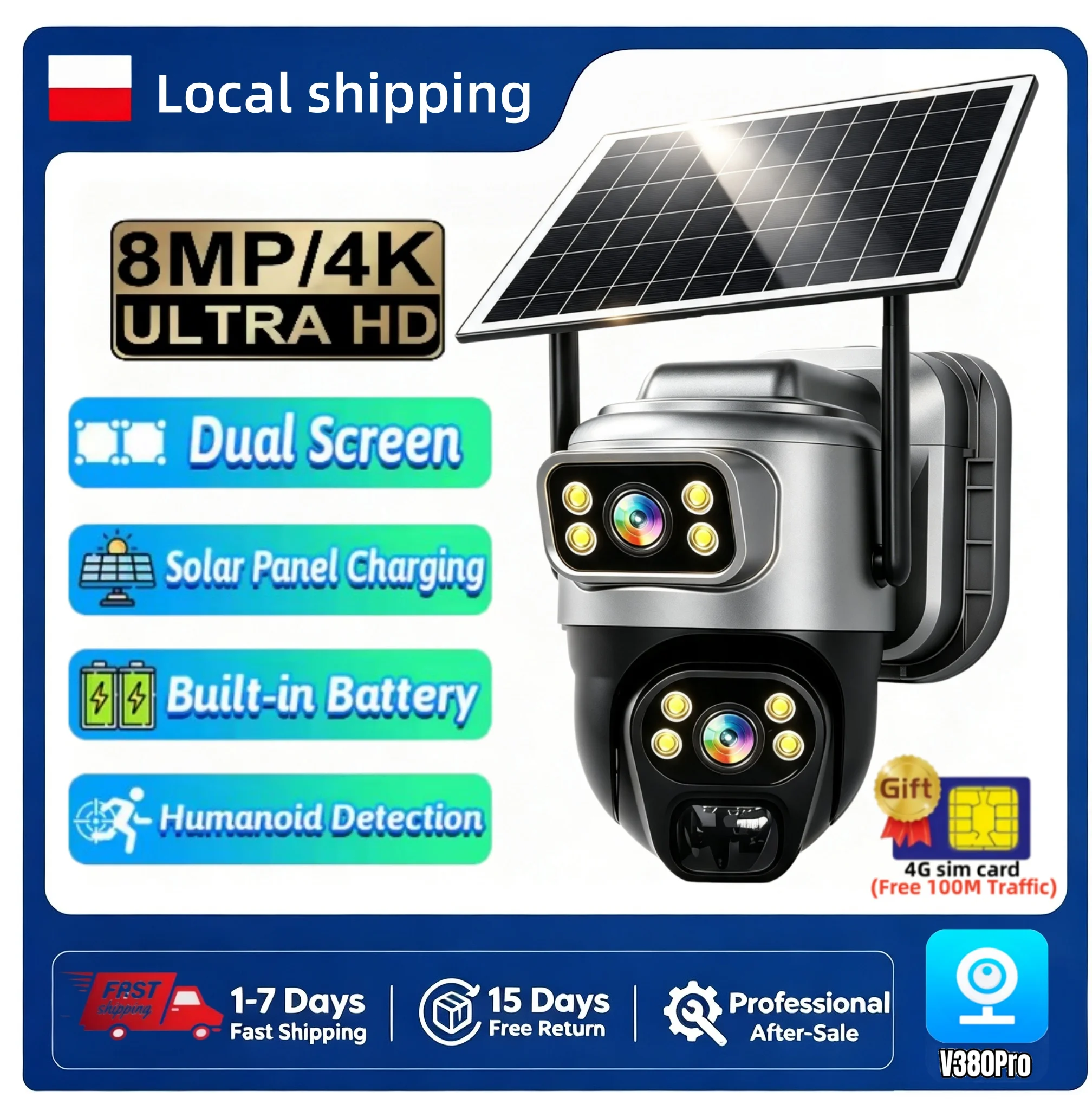 Kamera zewnętrzna V380 Pro 4G Solar, wodoodporna, 4K 8MP, 10X Zoom, podwójny obiektyw, PTZ, bateria, system bezpieczeństwa wideo, monitoring CCTV, kamera IP.