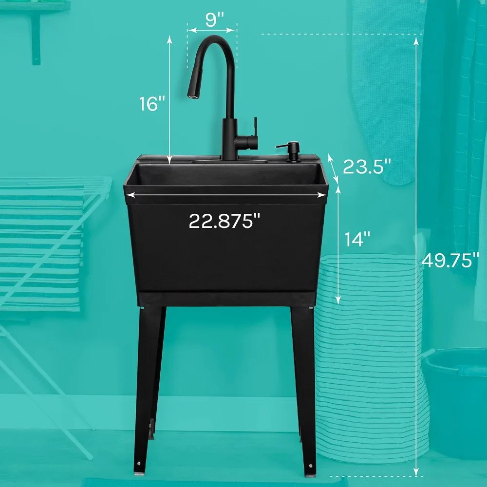 19 Gallon Thermoplastic Utility Sink High Arc Pull Down Faucet Laundry Room Basement Shop