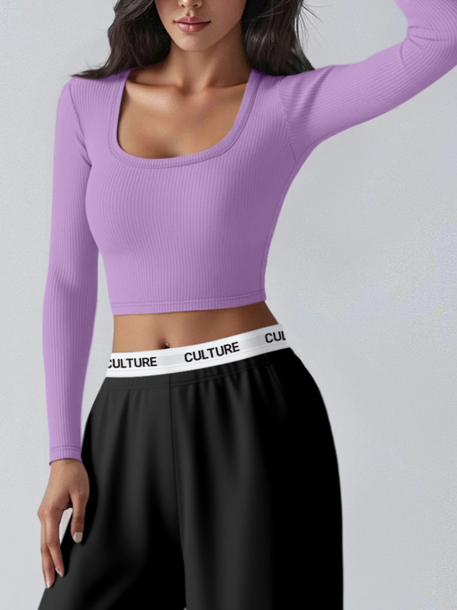 Trendy Women U Collar Long Sleeve Cropped Top Ribbed Knit Bodycon Solid Color Casual Gym Workout Shirts