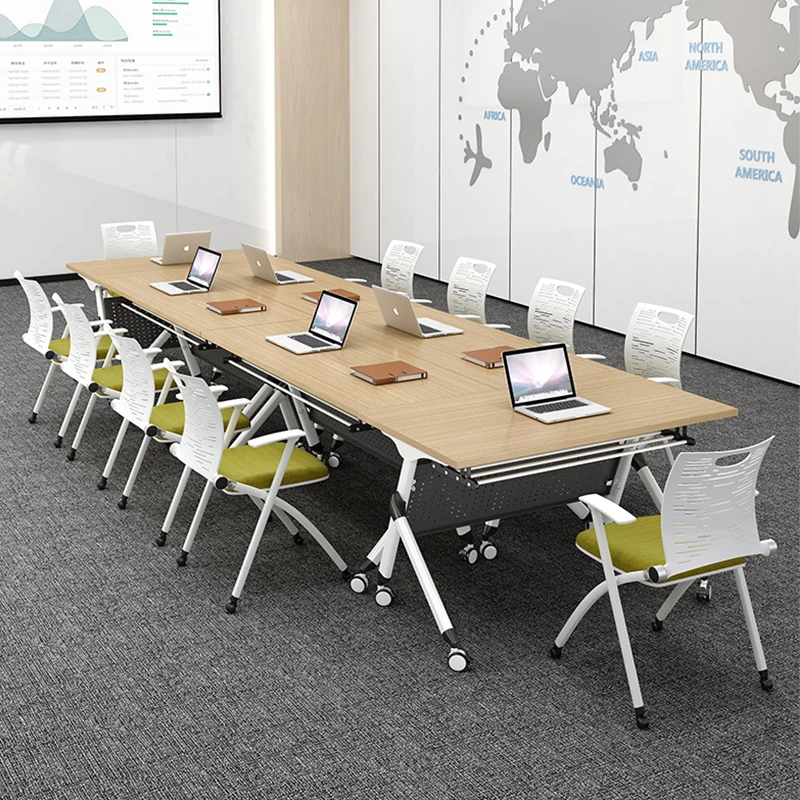 Multifunctional folding conference table mobile office splicing training combination desk with wheels double strip