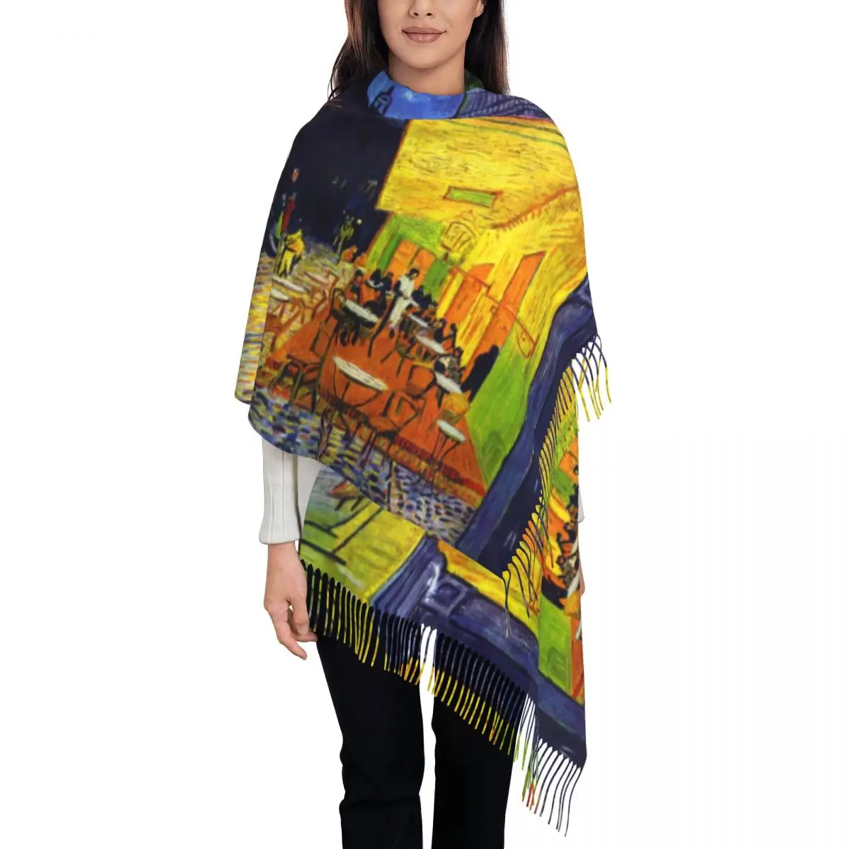 Cafe Terrace At Night Scarf Wrap for Women Long Winter Warm Tassel Shawl Unisex Vincent Van Gogh Painting Scarves