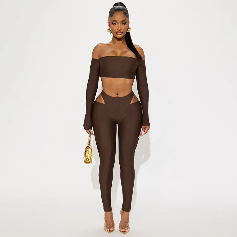 Doyerl sexy conjunto de duas peças feminino y2k roupas clube festa slash neck manga longa colheita topo e oco para fora calças lápis conjuntos combinando