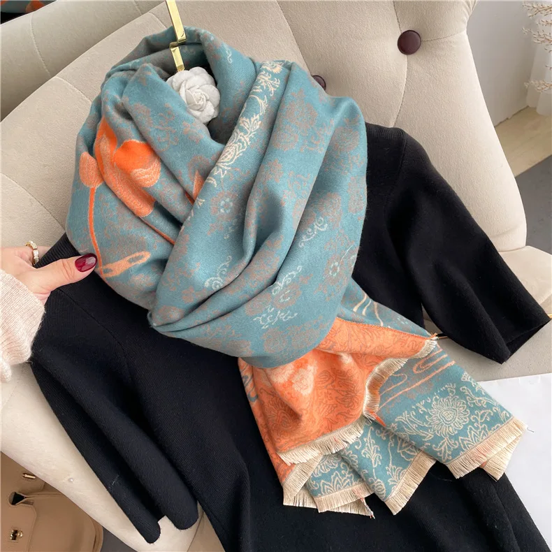 Double-Sided Imitation Cashmere Scarf for Women, Blue and White Porcelain Pattern, Warm Thick Shawl, Autumn and Winter, 180x65cm