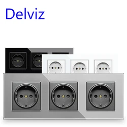 Delviz 16A Wall Power Socket, AC 110V~250V,Kitchen 3 Gang Electric plug Switch And Socket,Glass Panel, EU standard Schuko Outlet