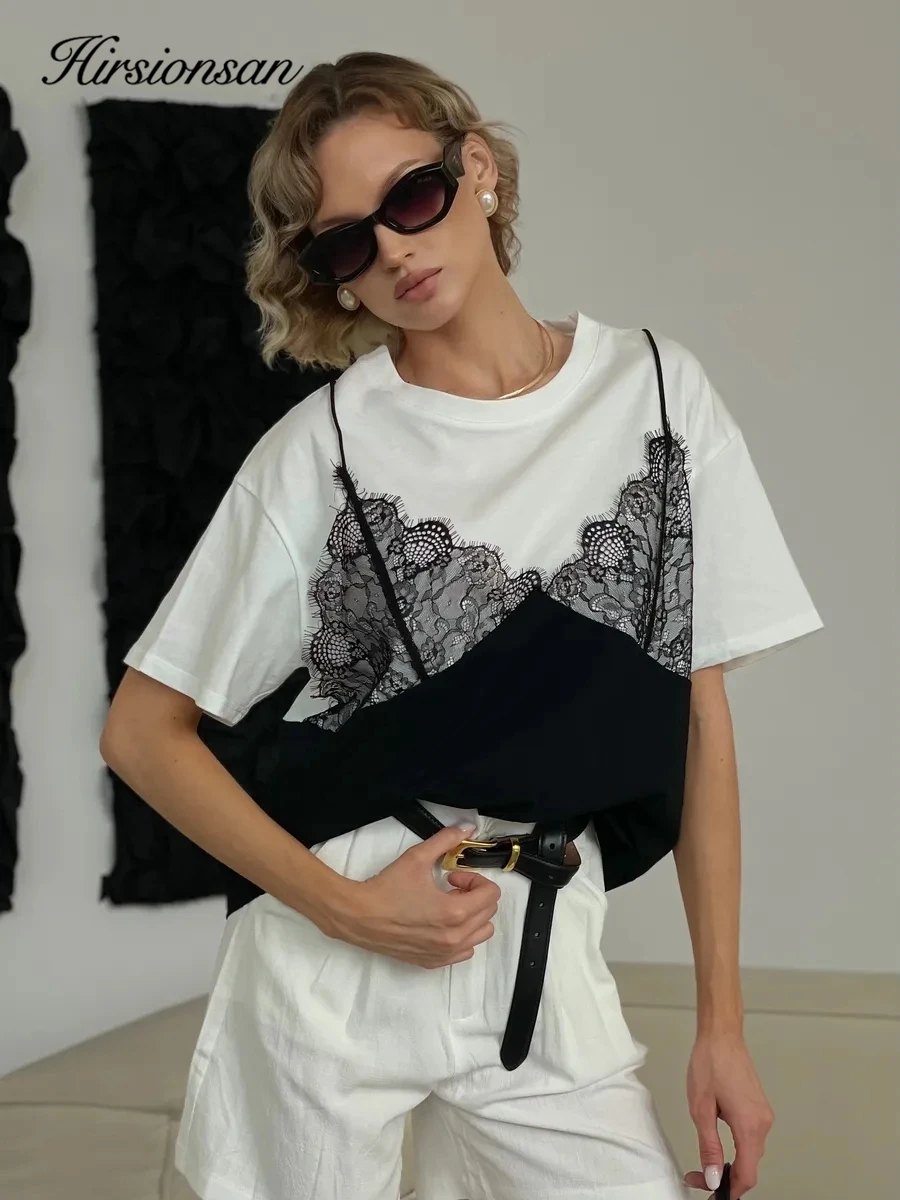 Hirsionsan Elegantes Baumwoll-T-Shirt für Damen 2026 Sommer Übergroßes T-Shirt Lässiges Lockeres Spitzen-Patchwork-T-Shirt Schickes Vintage Damen-Oberteil