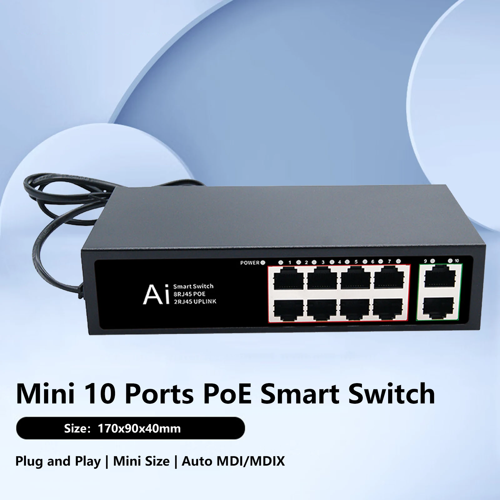 Mini 10 Ports POE Switch Ethernet Smart Switch Network Switch RJ45 Hub 100Mbps Internet Splitter Auto MDI/MDIX for WiFi Router