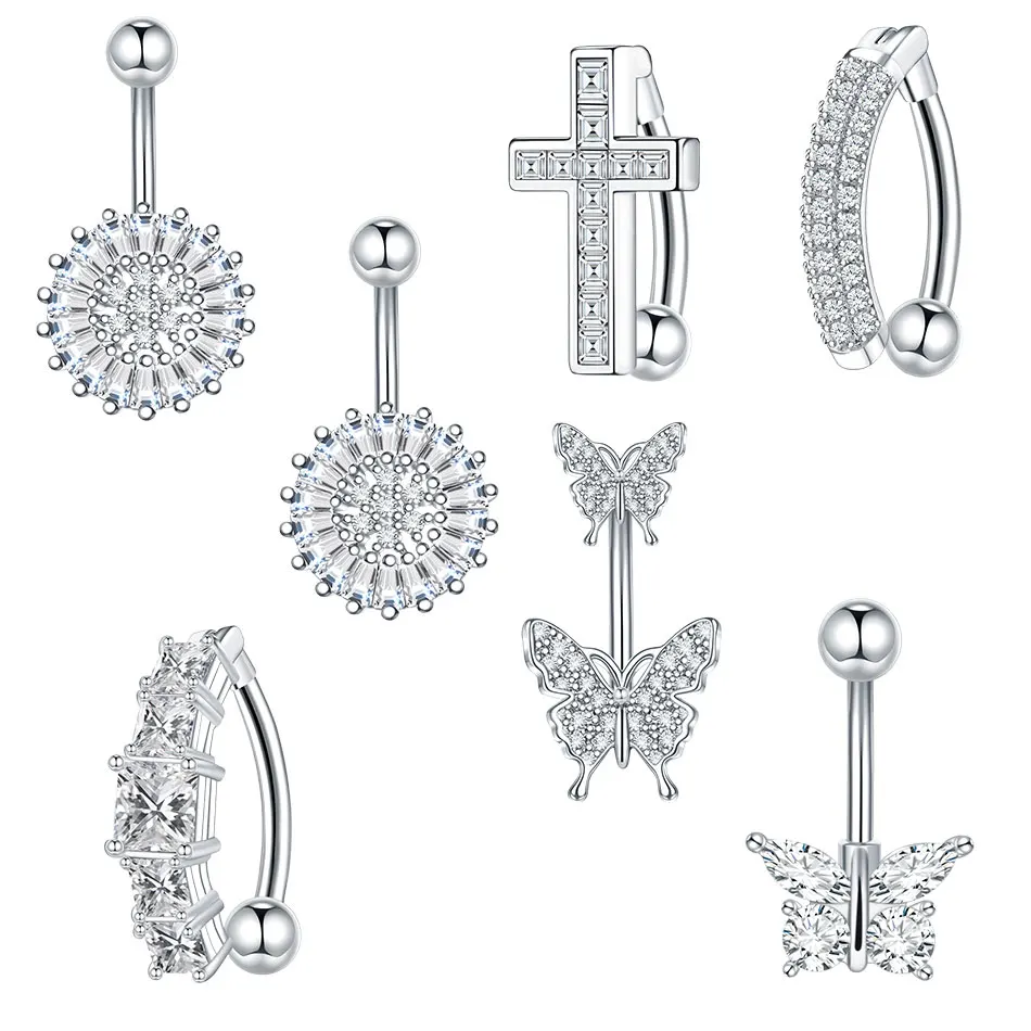 

1Pc Zirconia Belly Button Ring Navel Piercing Jewelry 14G Stainless Steel Rivet Reverse Curved Belly Bars Sexy Jewelry Women