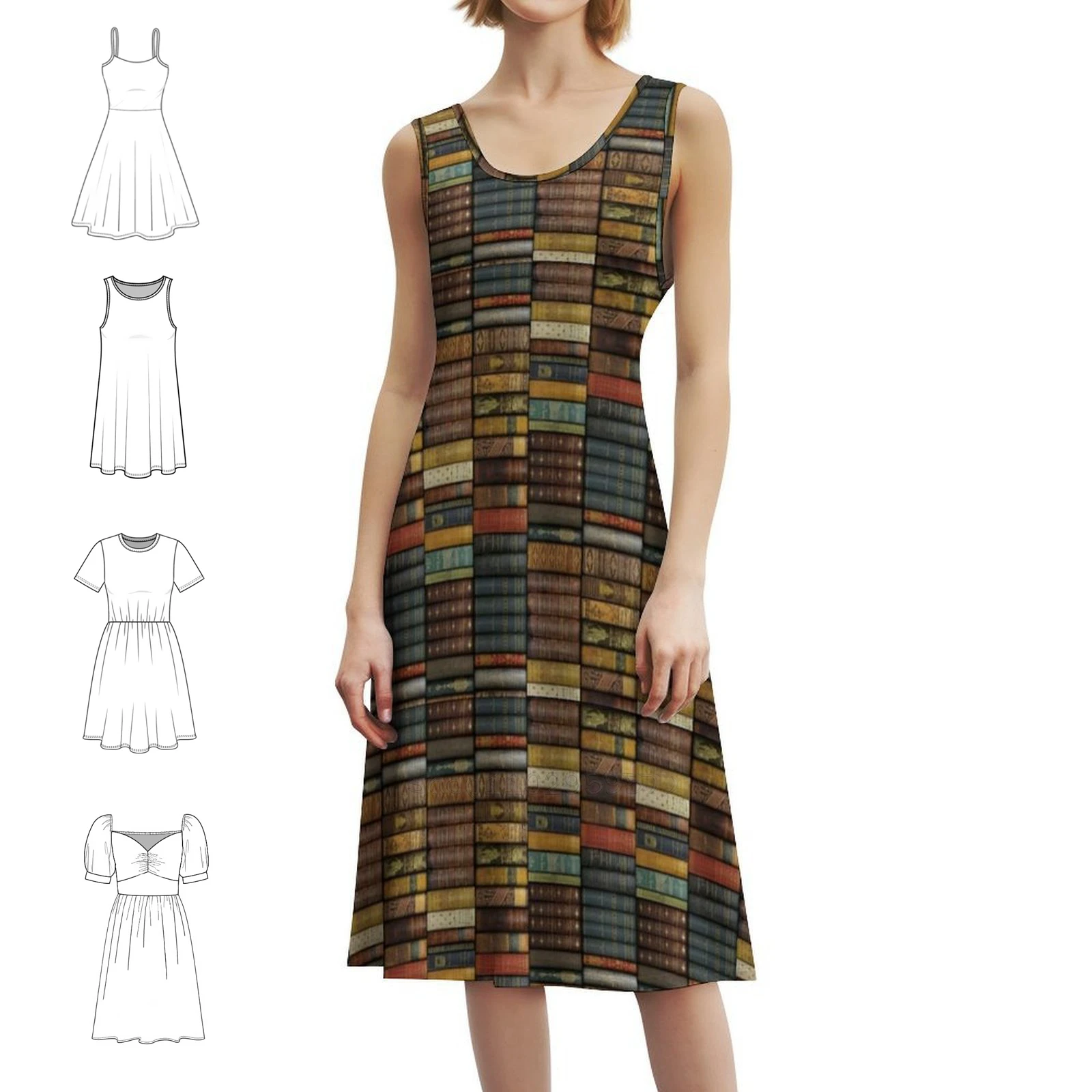 Bookshelf-Old Books-Book Lovers Sweetheart Neckline Dress Elegant Summer Party Dress For Women Literature Reading Books Book