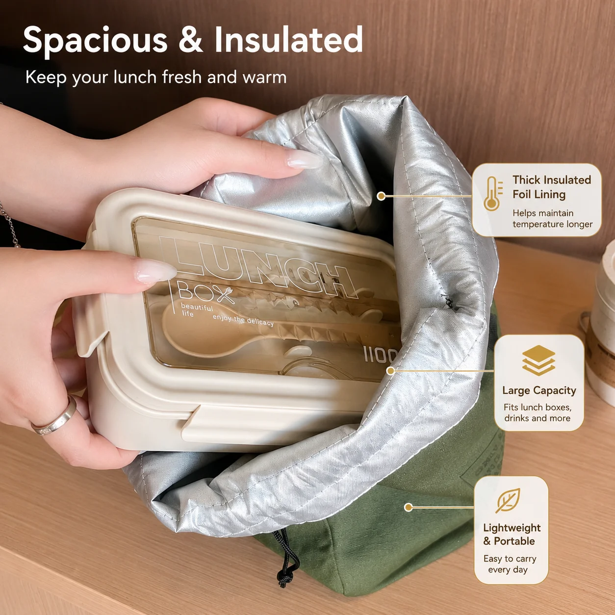 Food Storage Aluminum - حقيبة غداء معزولة محمولة بحزام سحب،