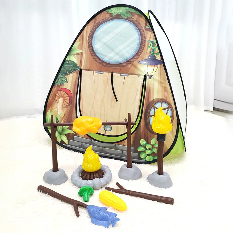 Simulação tenda de acampamento churrasco conjunto interior ao ar livre rpg som e luz brinquedos das crianças fogo pilhastorches modelos de alimentos