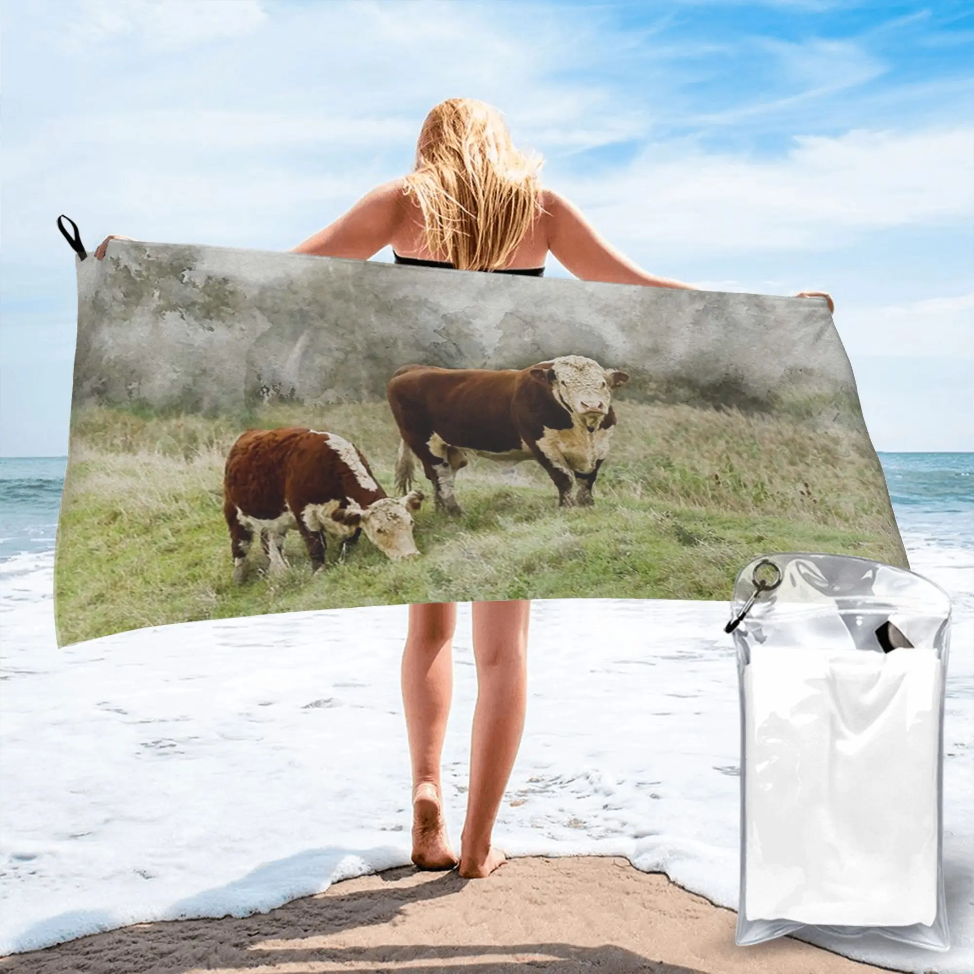 Hereford Bull and Cow Watercolour Photograph Beach Towel Soft Microfiber Quick Dry Absorbent Quick Towels For Swimming