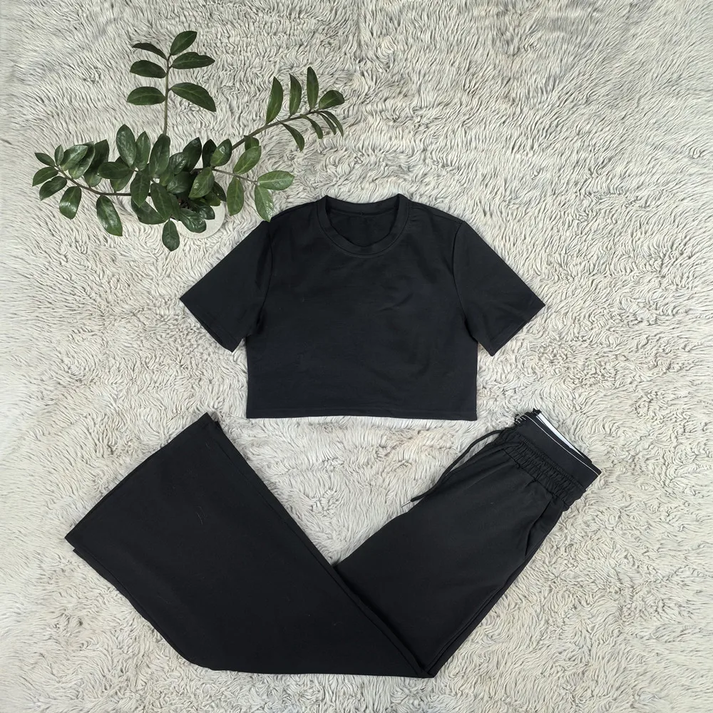 

J5245 Модный повседневный комплект в западном стиле, новый комплект с широкими брюками и высокой талией с вышитыми буквами и двойной талией