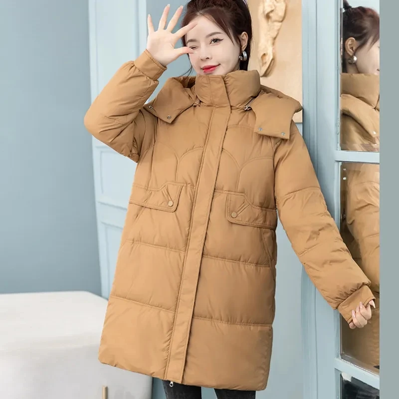 

2023 New Winter Long Overcoat Solid Down Cotton Jacket Women Thicken Warm Casual Loose Hooded Parkas Female Snow Wear Outwear