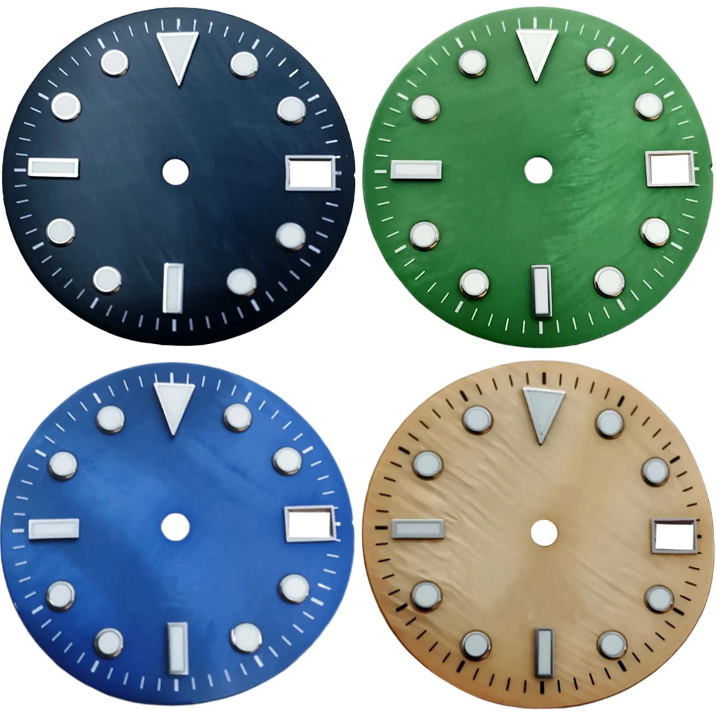 28.5mm No Logo Sterile Watch Green Luminous Black/White/Green/Yellow/Blue Dial Face With Calendar Window Fit NH35 Movement