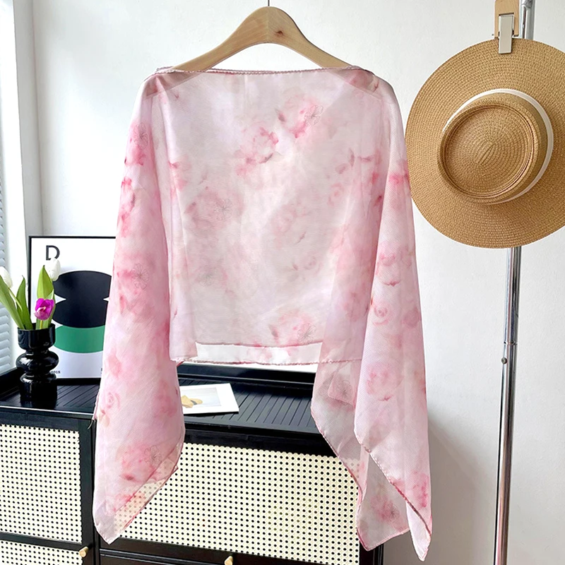 Summer Floral Print Lady Beach Shawl Holiday Sun Protection Beach Cape Elegant Thin Sunscreen UV Protection Shawl Women Clothing