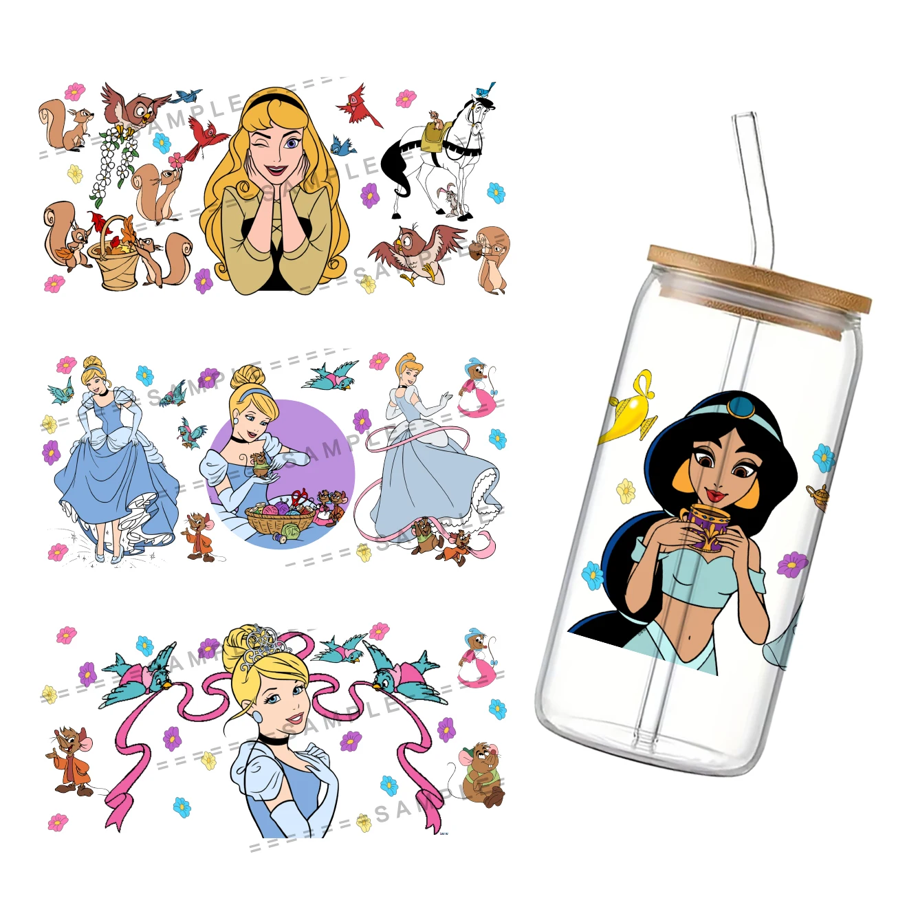 Disney Princess 3D Waterproof UV DTF Cup Wrap for 16Oz Libbey Cartoon Princess Glass Can DIY Transfer Sticker