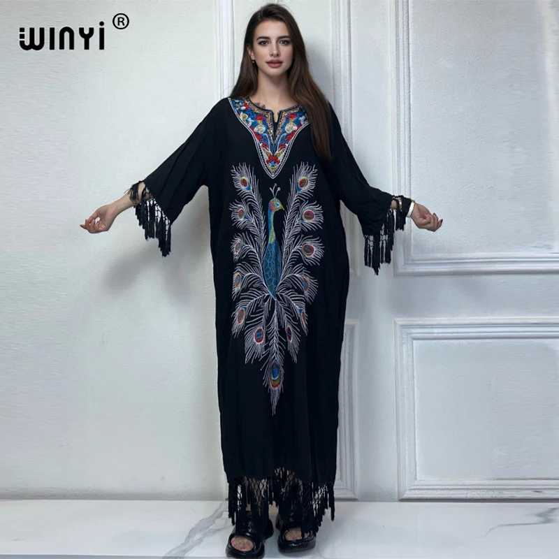 

WINYI beach new tassels dress summer Elegant embroidery kaftan Holiday party maxi Africa long dress abaya muslim woman dubai