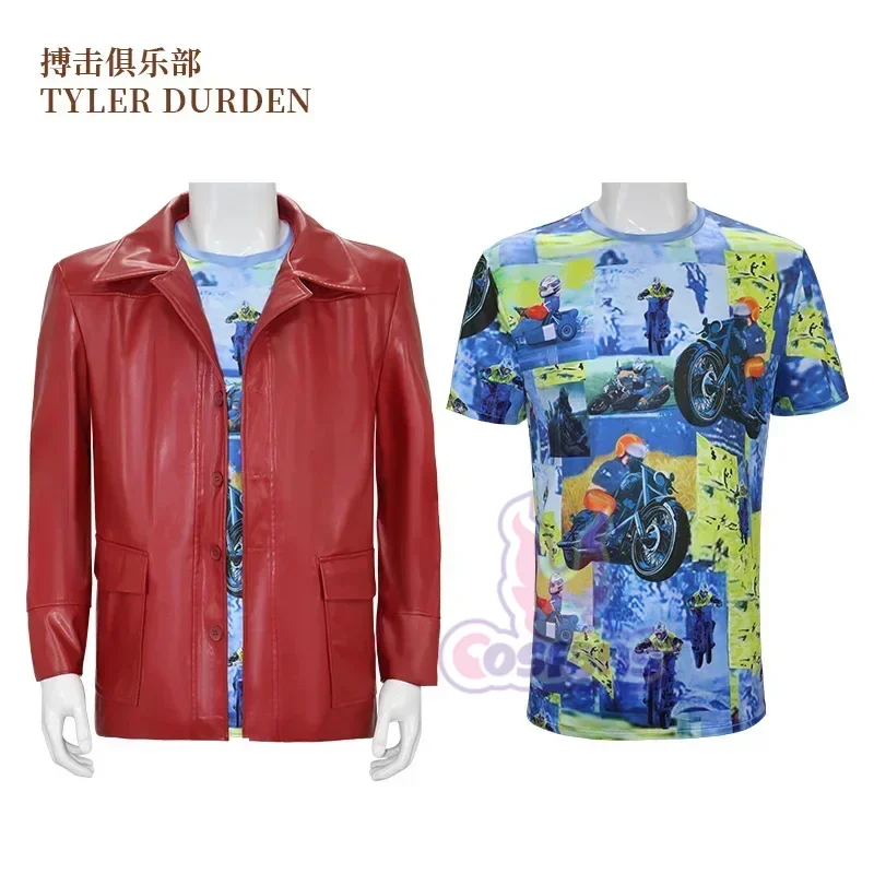 Fight Club Tyler Durden Cosplay Costumes Tyler Durden Brad Biker Leather Jacket Red Coat Shirt Glasses Halloween Party Suit