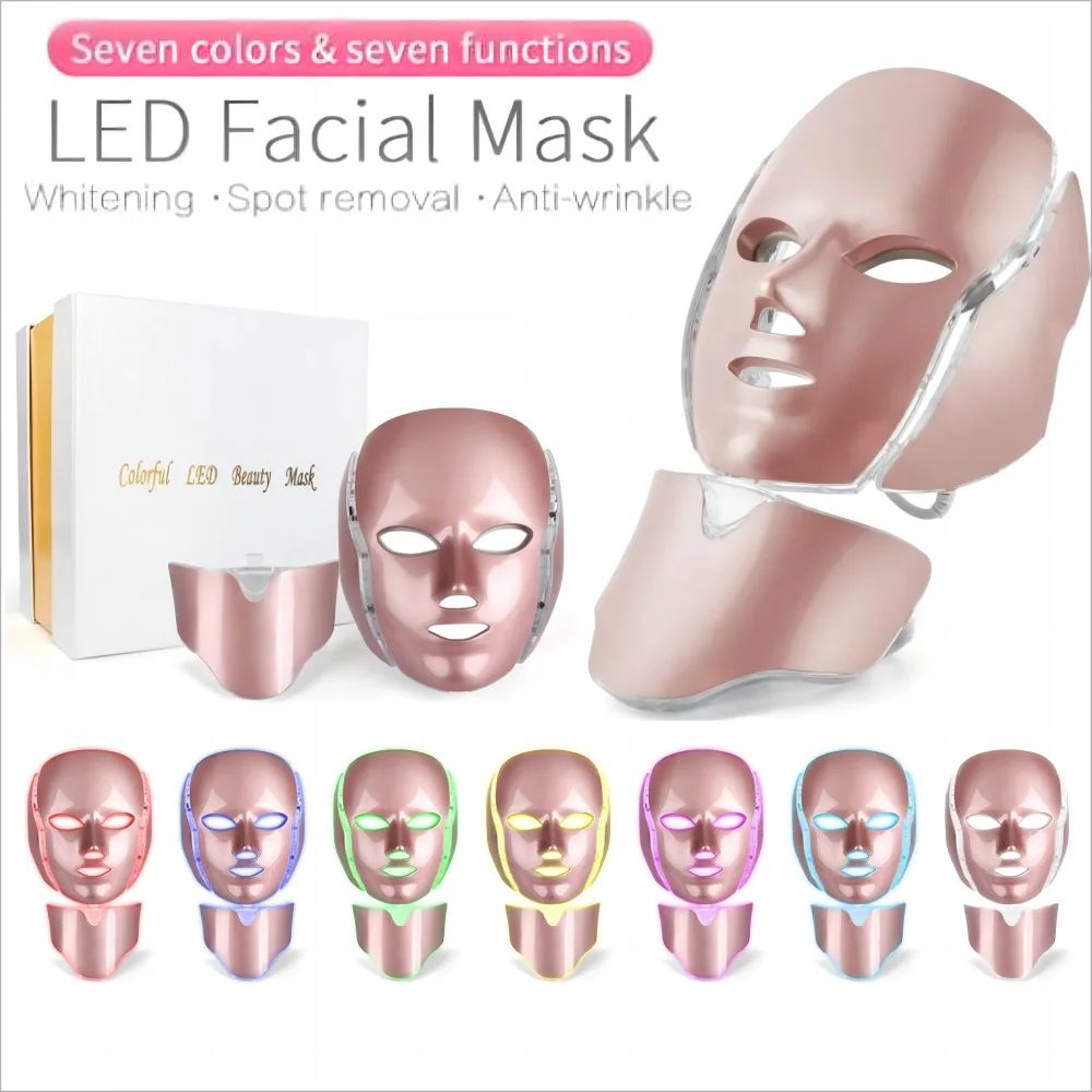 

7 couleurs lumineux LED masque visage avec cou traitement du visage beauté traitement anti - acné blanchiment visage rajeunissem