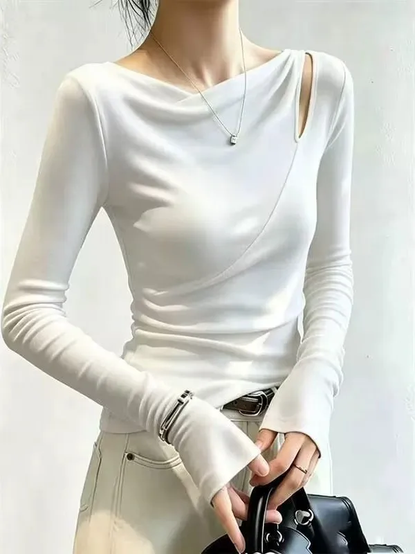 Korean Style Pure Desire Long Sleeve Hollow out T-Shirt Women's Slim Fit Shoulder Baring Design Base Layer Top White Color