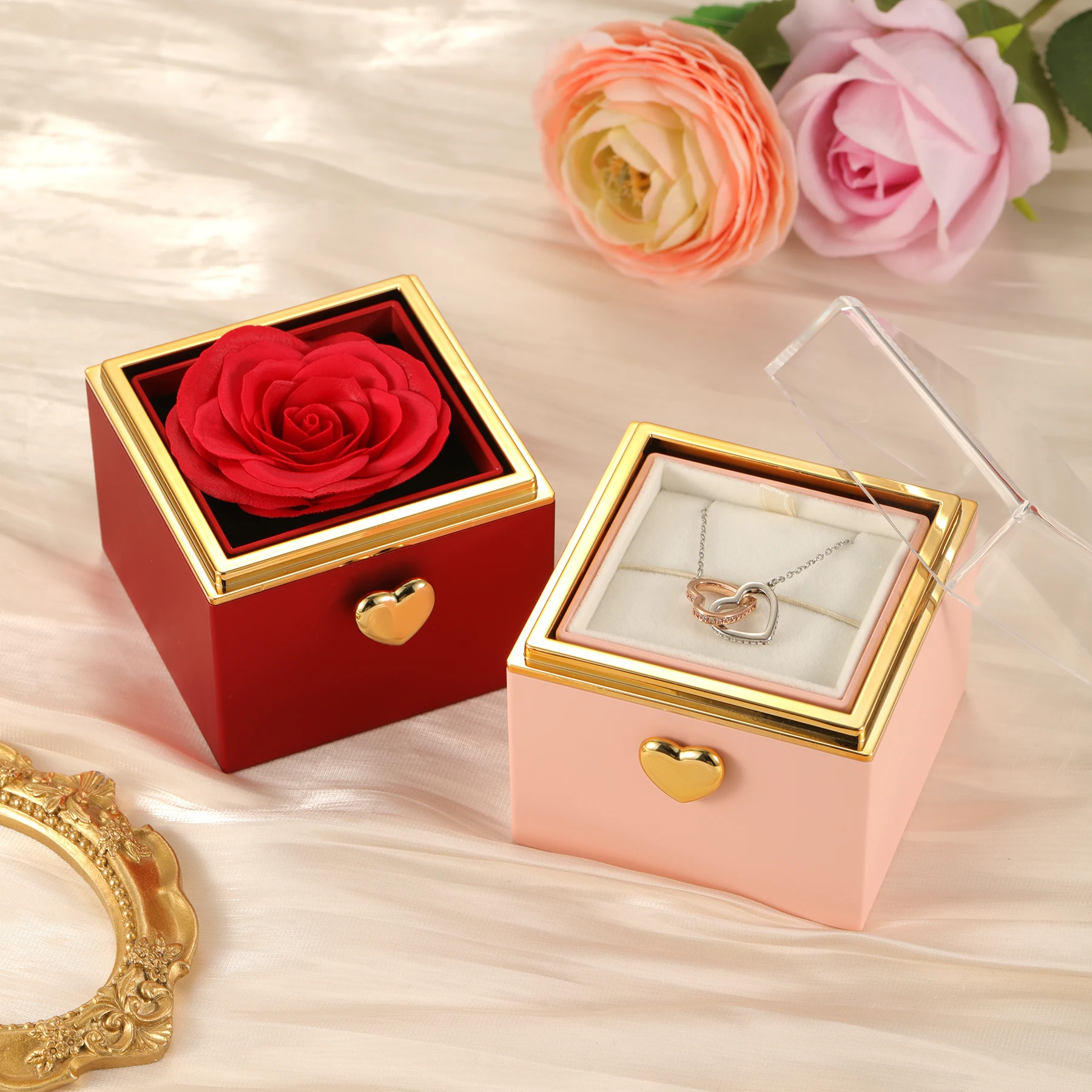 2026 Magic Rotation Eternal Real Rose Box Double Heart Custom Engraved Name Steel Necklace for Valentine's Day Jewelry Gift