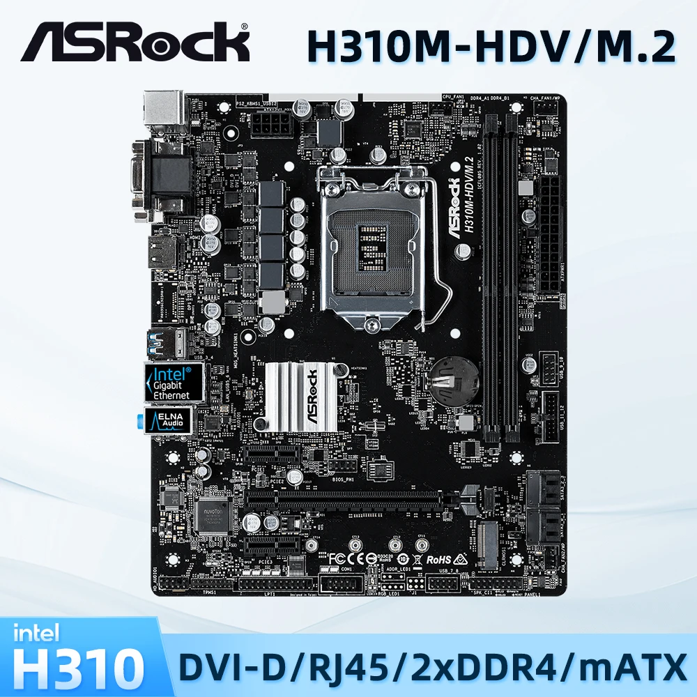 

ASRock H310M-HDV/M.2 LGA 1151 Socket Supports Core i5 9400F 9500F i3 9100F Intel H310 Chipset 2x DIMM Max. 64GB DDR4 Micro ATX