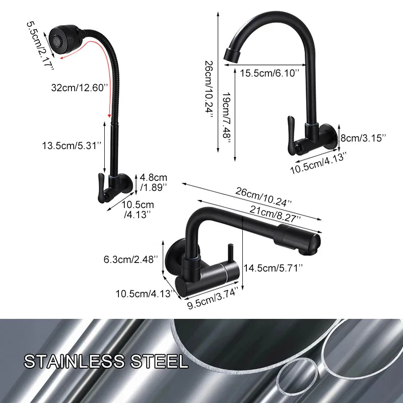 Wall Kitchen Faucet Single Cold Water Black Kitchen Faucets Universal Crane 360 Degree Turn  Kitchen Mixer Taps ML772
