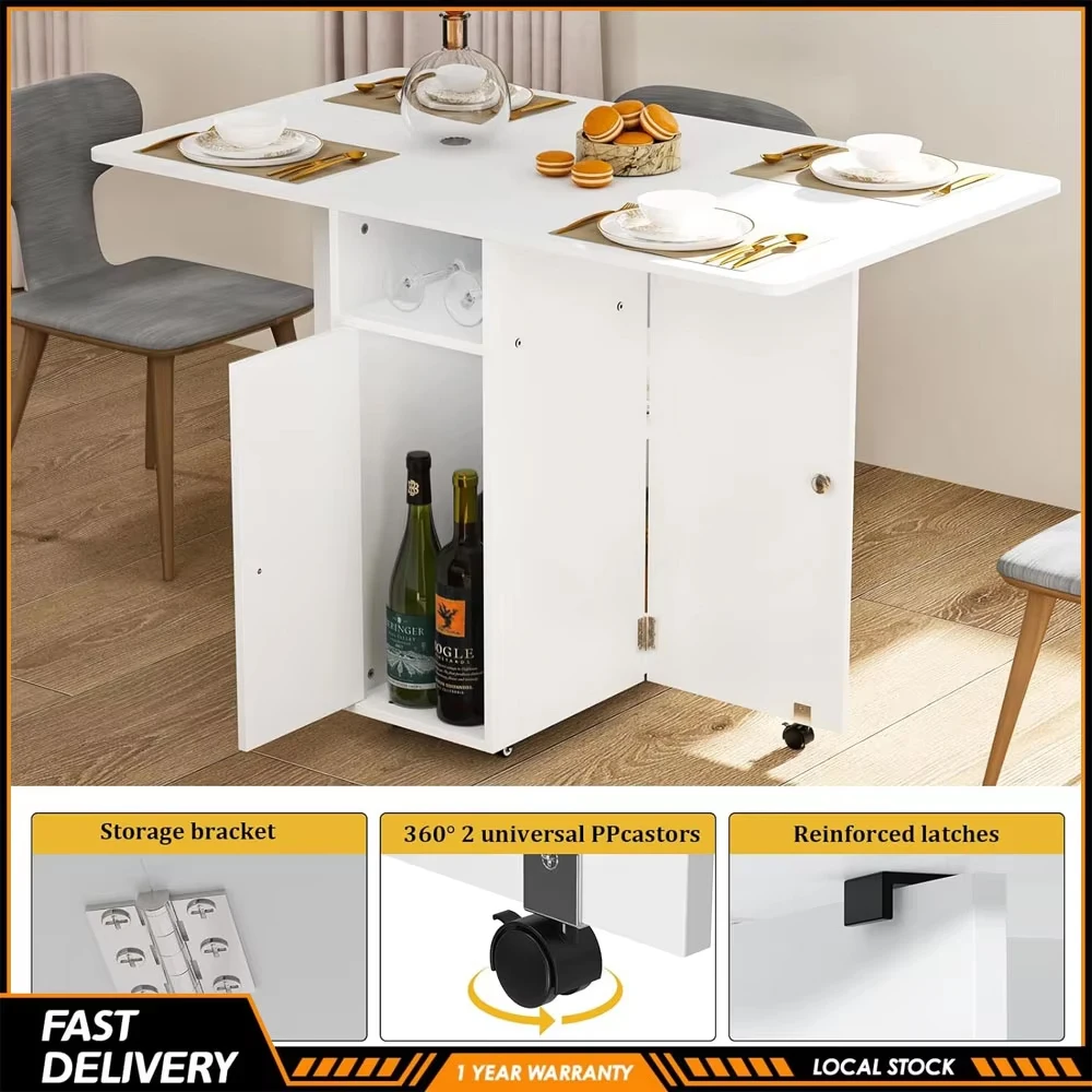 Table à manger pliante mobile en bois de style moderne avec roulettes, multifonctionnelle, gain de place, avec plateau rabattable et étagères de rangement, idéale pour la maison, la cuisine, le salon et les petits espaces.