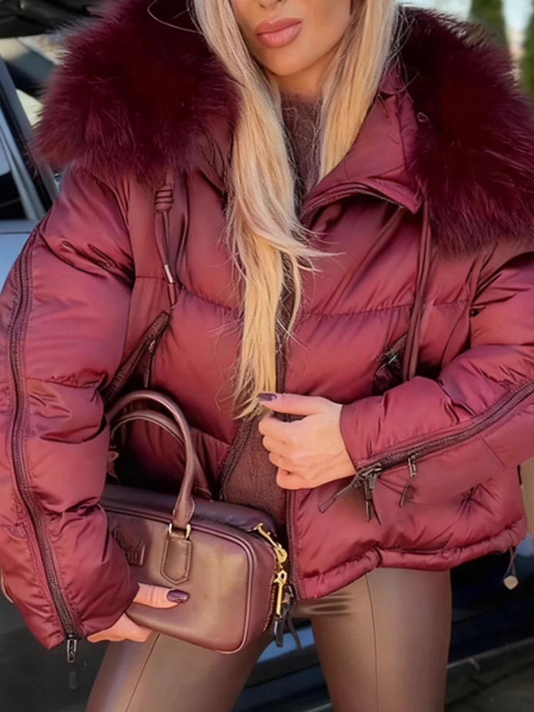 

Women Elegant Zipper Long Sleeve Padded Outwear Winter Casual Pocket Solid Warm Jacket Autumn Fashion Fur Collar Thick Down Coat