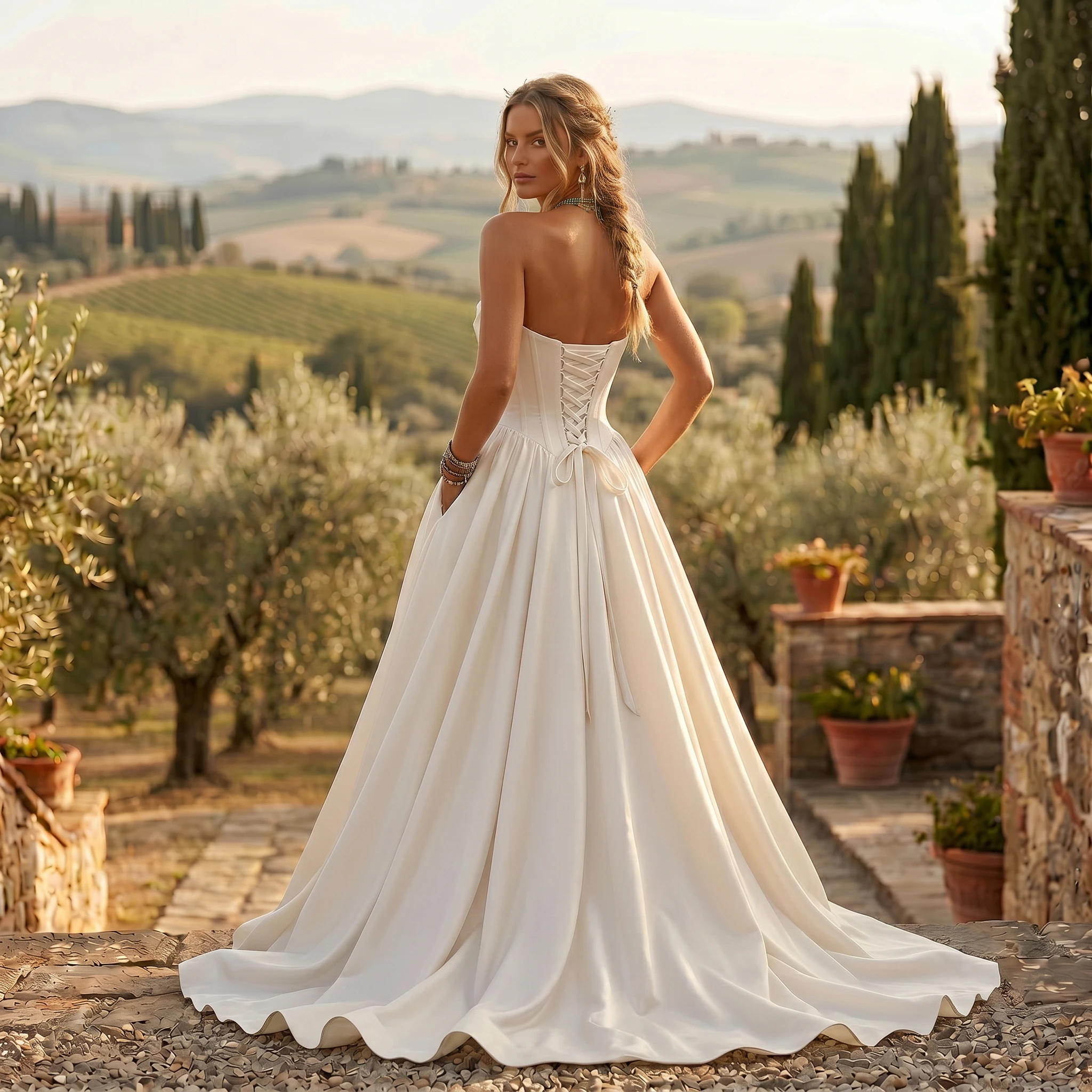 Strapless Draped Satin Ball Gown Wedding Dress Corset Lace Up Back Hidden Pockets Chapel Train Bridal Gown