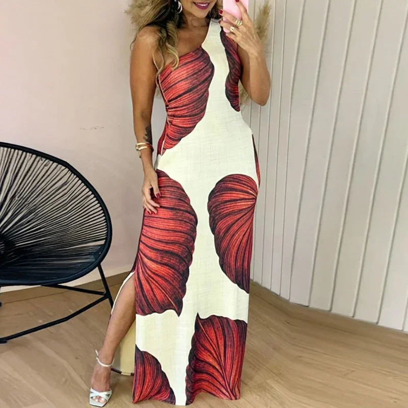 Abito lungo elegante senza maniche da donna Abiti da festa da spiaggia sexy slim divisi per le donne Abito stampato bohemien Boho
