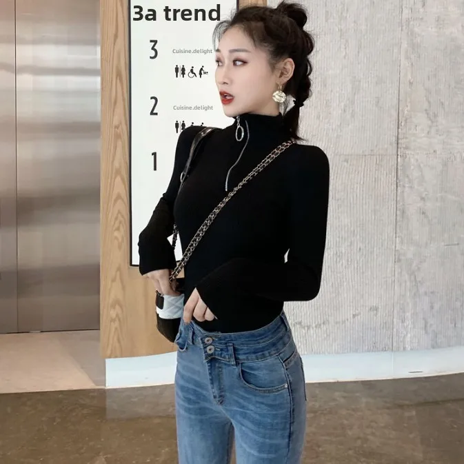 2026 Spring Collection Women's Long Sleeve T-Shirt Zipper Half High Collar Slim Fit Base Shirt Versatile Long Sleeve under Shirt