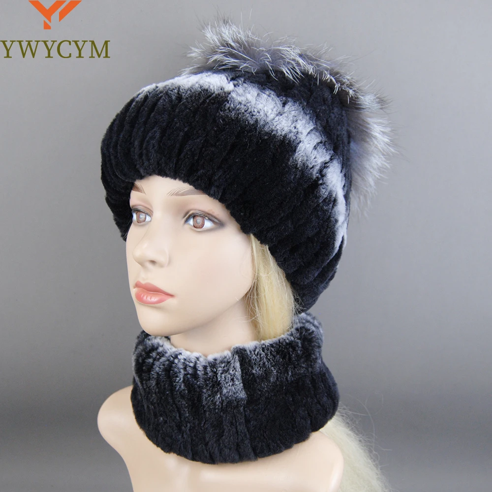 New Style Women Warm Rex Rabbit Fur Hat Scarf Sets Winter Natural Rex Rabbit Fur Cap Scarves Lady Knit Fur Hats Muffler 2 Pieces