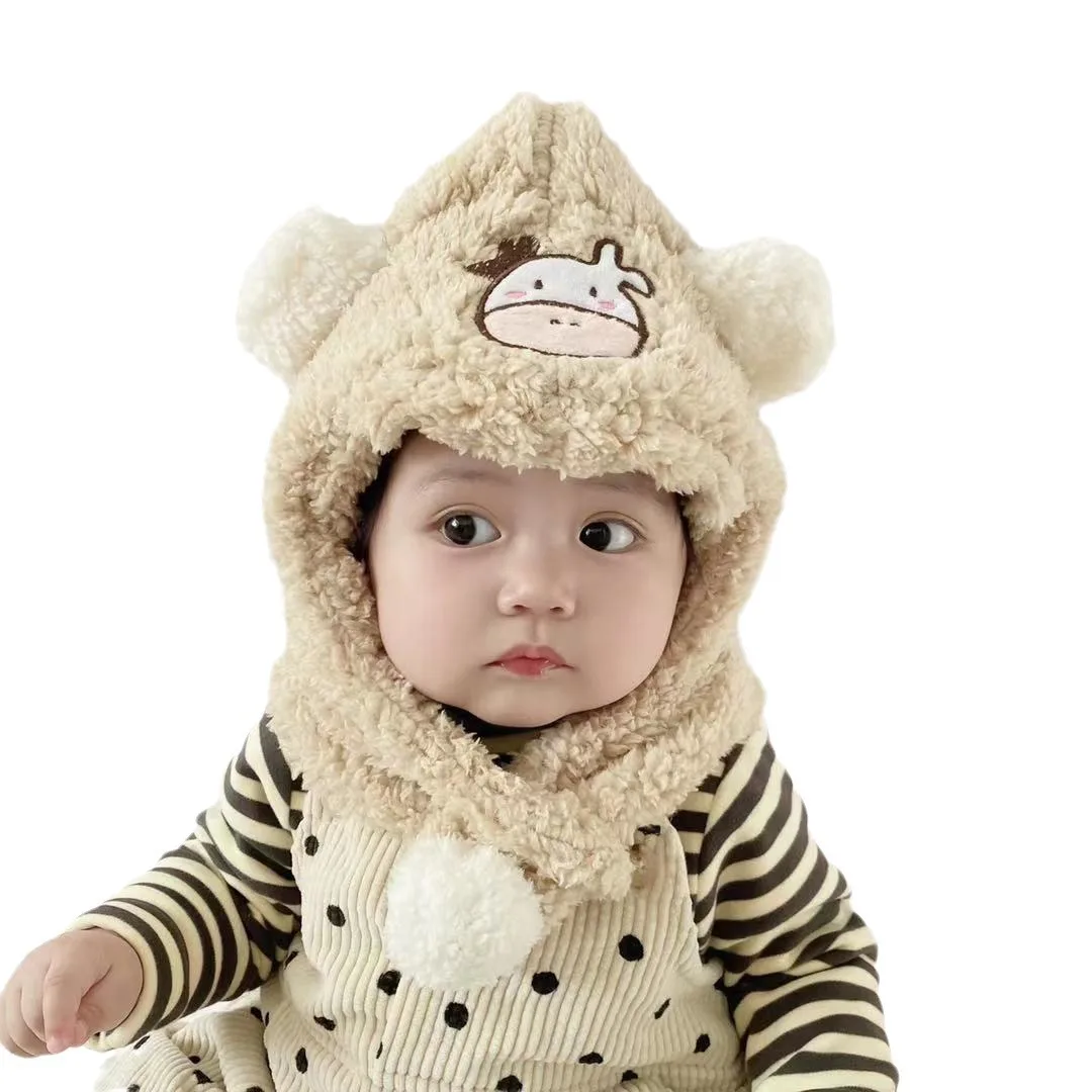 Chapeau de vache brodé en peluche pour enfants, protection des oreilles mignonne, chaud, cou, bébé, automne, hiver, ensemble une pièce