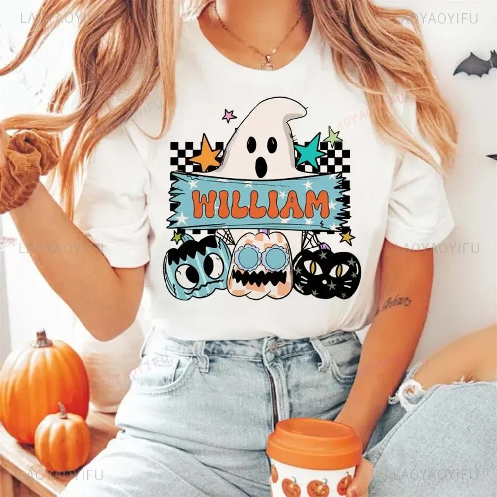 Retro Halloween Boo Pumpkin Ghost Cotton T-Shirt Cartoon Personalized Casual Style Trendy and Cute O-Neck Print Summer T-Shirts