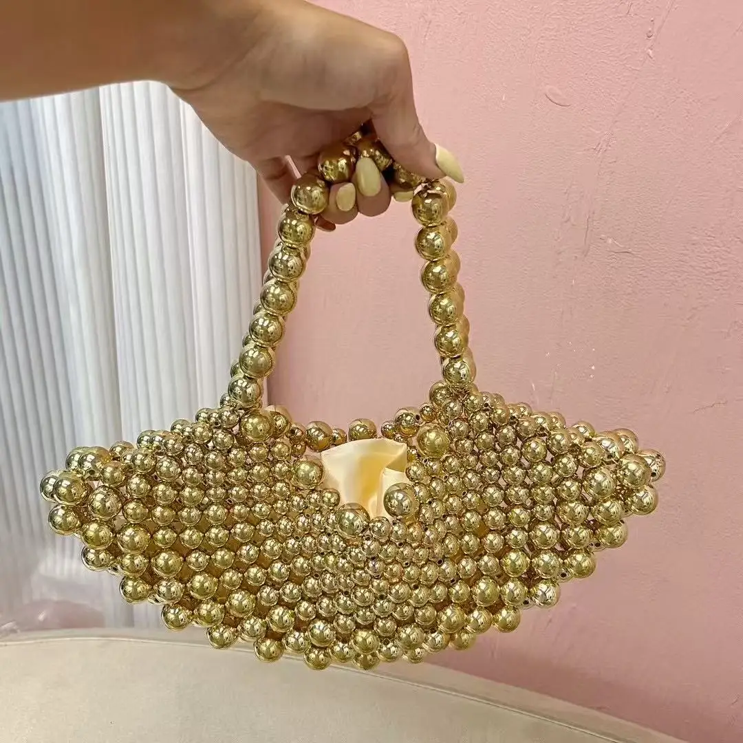

Gold Beads Beaded Woven Handmade Fan Bag Fashion Glitter Shiny Beads Beading Hollow Out Women Handbag Luxury Clutch Purse