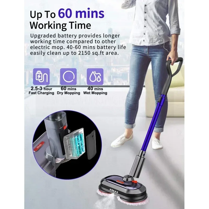 ممسحة كهربائية Qwcordless مع خزان مياه 300 مل، ممسحة دوارة مع مصباح أمامي LED وبخاخ، للخشب الصلب والبلاط والأرضيات المصفحة