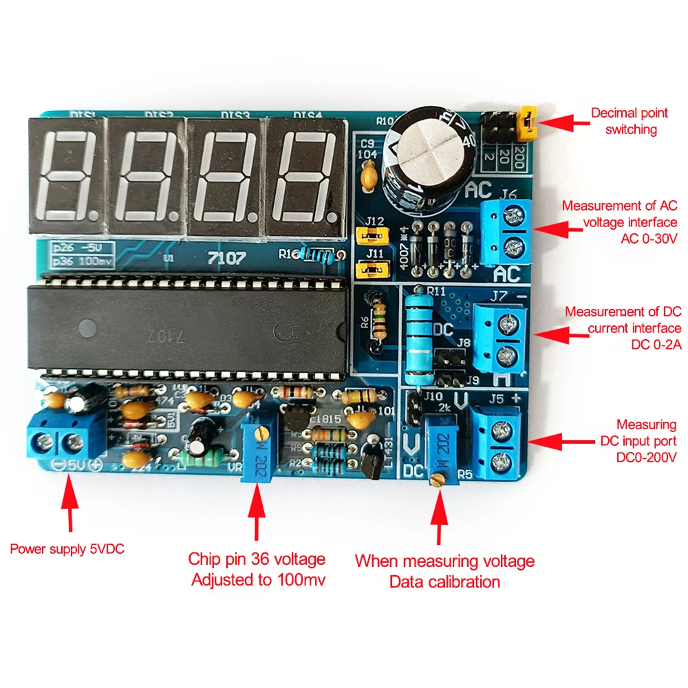 7107 DC 5V wielofunkcyjny woltomierz AC/DC zestawy DIY cyfrowy wyświetlacz LED próbnik napięcia moduł panelu