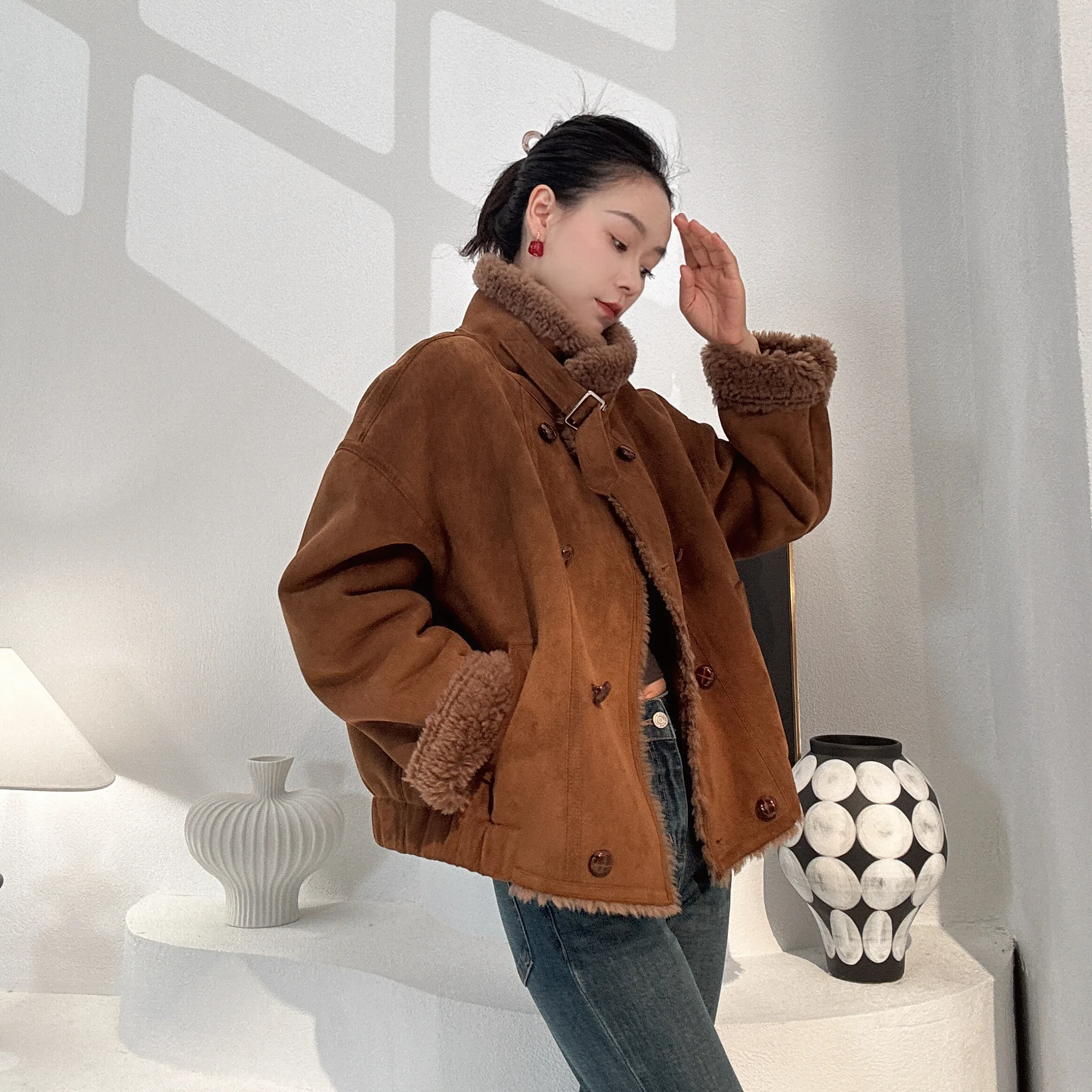 Maillard motorcycle double-breasted wool all-wool grain coat for autumn and winter women's wear