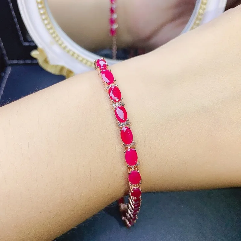 Fine Jewelry 925 Sterling Silver Inlaid Natural Ruby Women's Bracelet Support Detect Pop Bangles with Designer Charms
