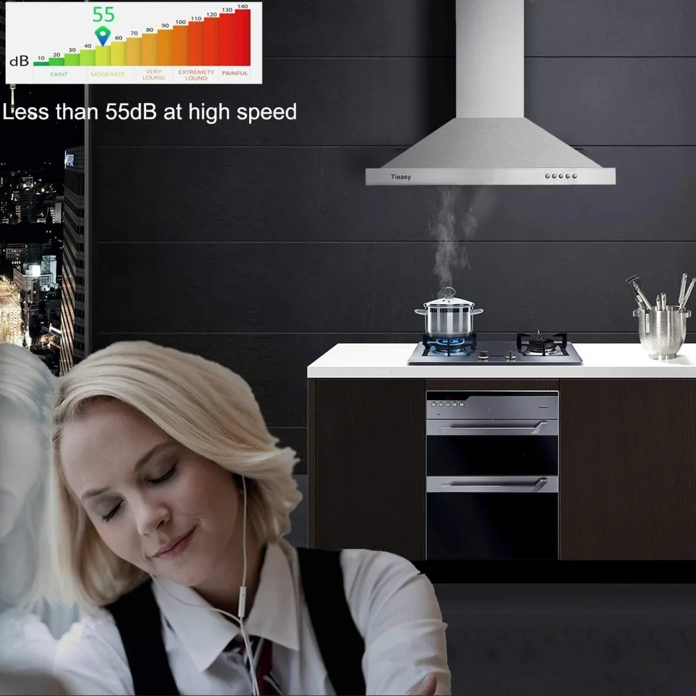 Conduit convertible sans conduit en acier inoxydable, hotte d'évent de style ney tendance avec lumière LED, ventilateur à 3 vitesses, 450 CFM