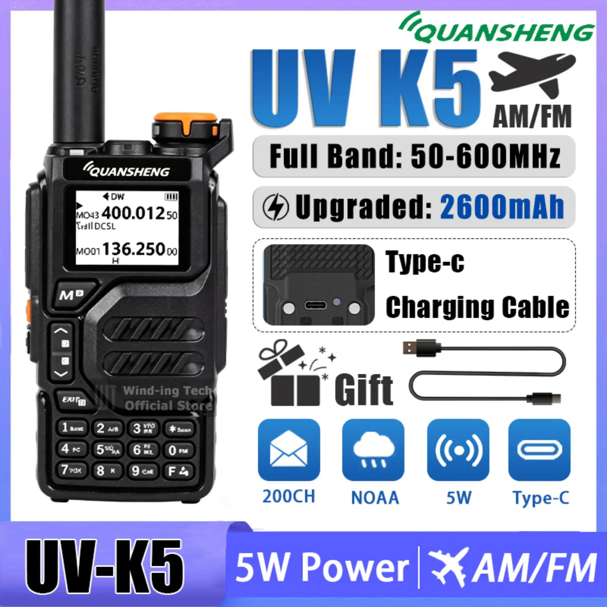 全盛uv-k5双方向無線機-am-fm-50-600mhz-フルバンド-usb-c充電-ワイヤレスコピー周波数-noaa-スクランブラー-dtmf-ウォーキートーキー