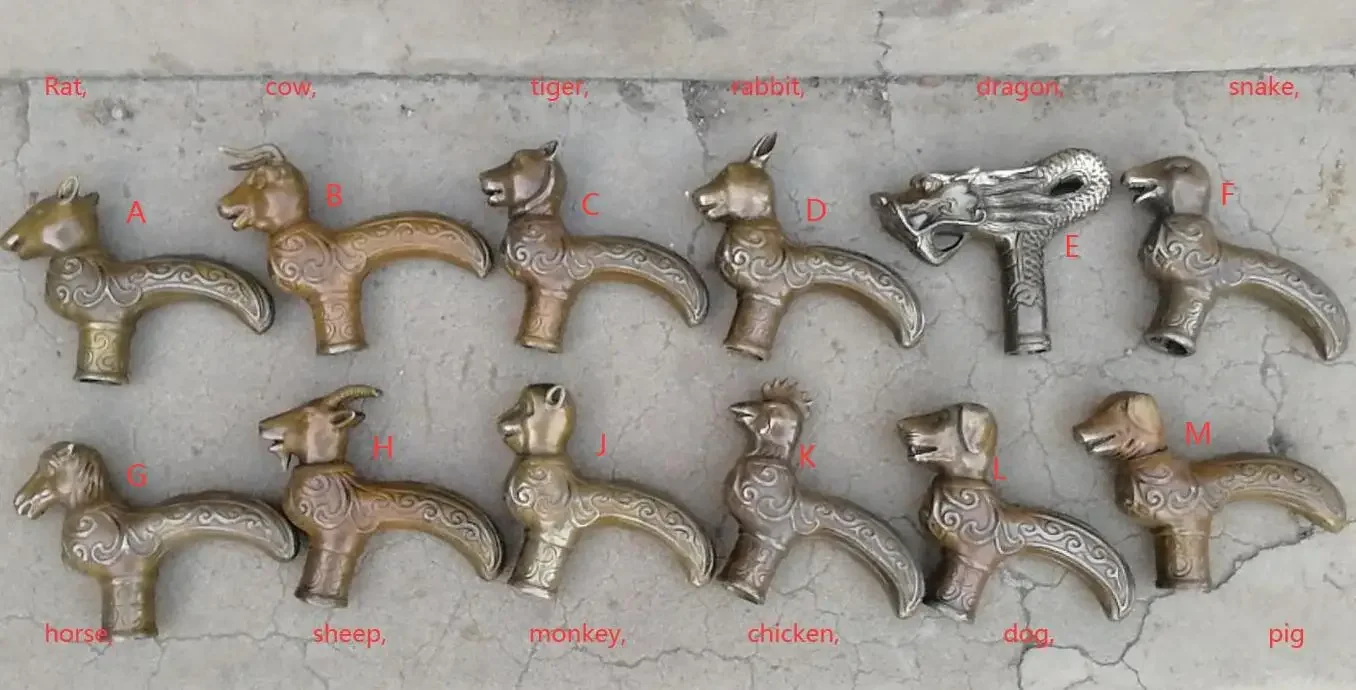 Bronze Cane Head 12 Zodiac Set Rat, cow, tiger, rabbit, dragon, snake, horse, sheep, monkey, chicken, dog, pig