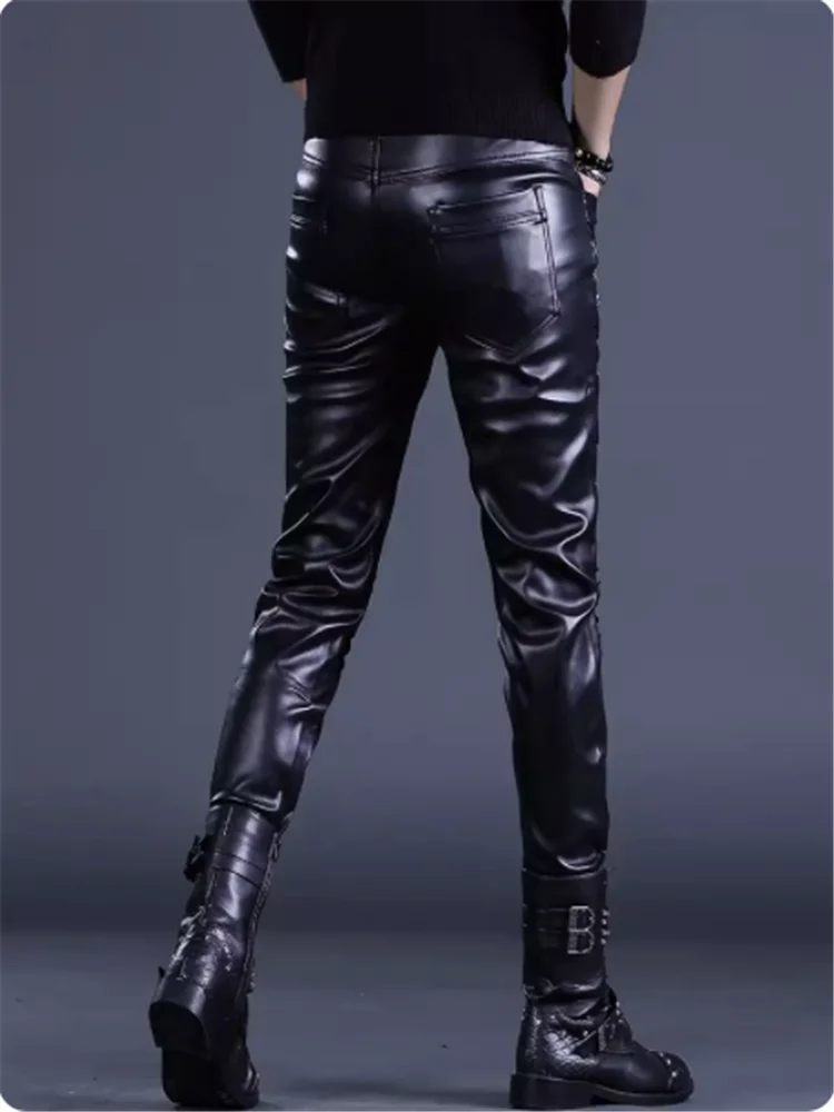 2023 Men's show Leather pants Nightclub bar DS singer Hipster male dj show dress slim pants Punk stud pants