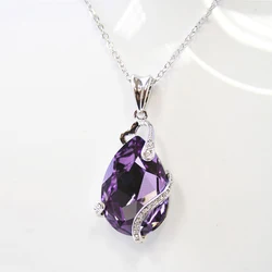 Huitan Luxury Purple Color Pear CZ Pendant Necklace for Women Anniversary Party Elegant Lady's Neck Accessories Trendy Jewelry