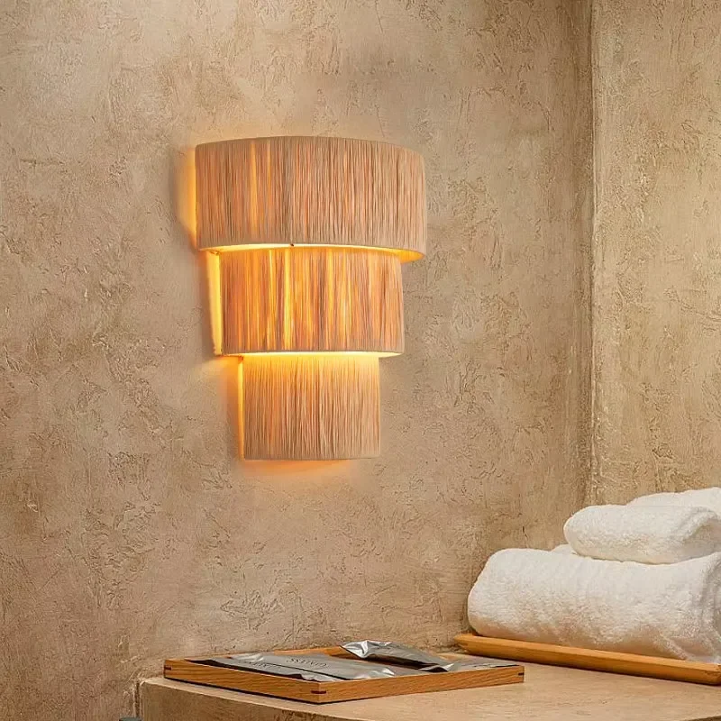 Wabi style wicker wall lamp bedroom living room bed Japanese retro decoration designer clothing