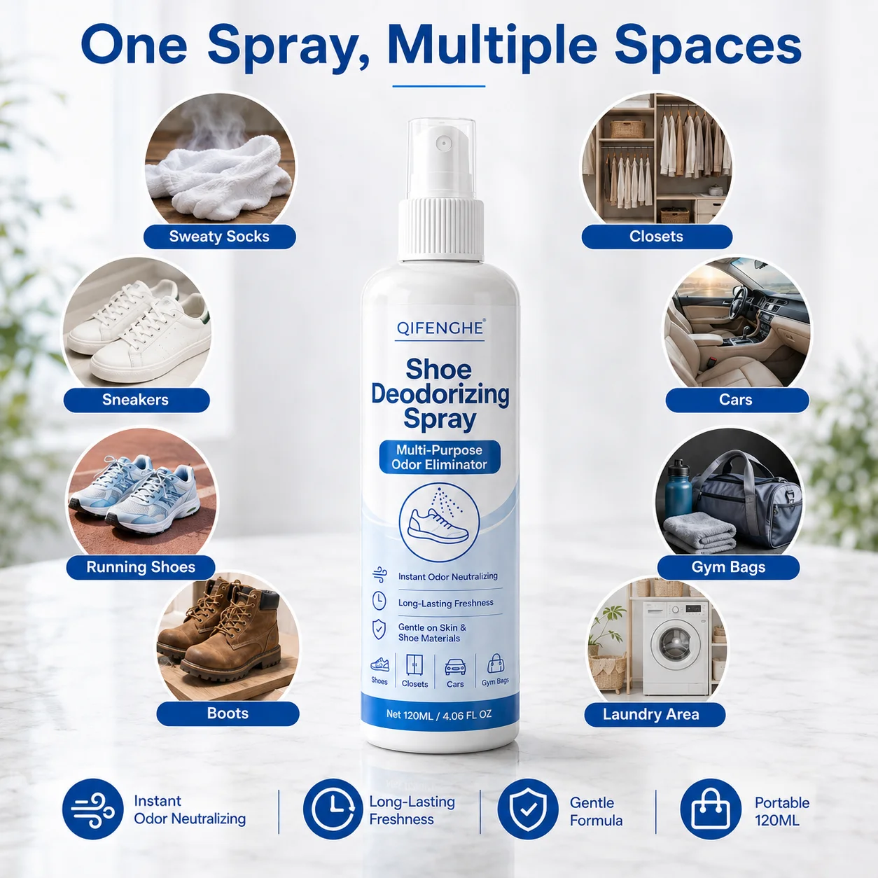 QIFENGHE Shoe Deodorizer Spray, Instant Odor Eliminator for Foot Sweat Smell, 120ml Multi-Purpose Freshener for Shoes, Closet, C