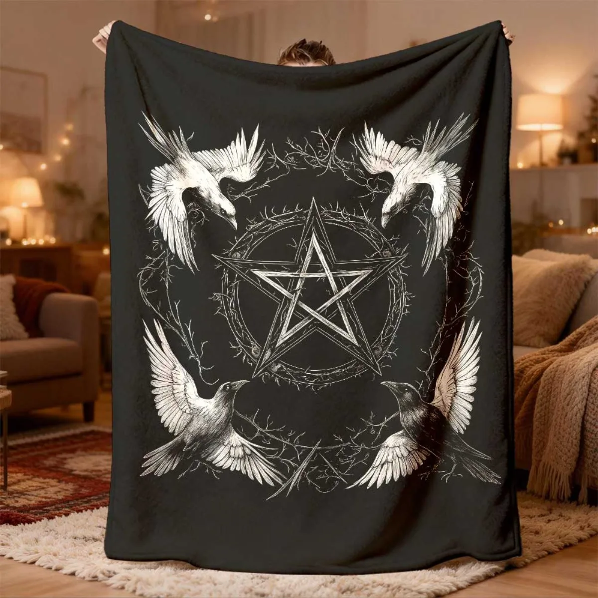 Large Gothic Witchy Occult Pentagram Raven Throw Blanket for Mystical Decor Couch 150x200cm