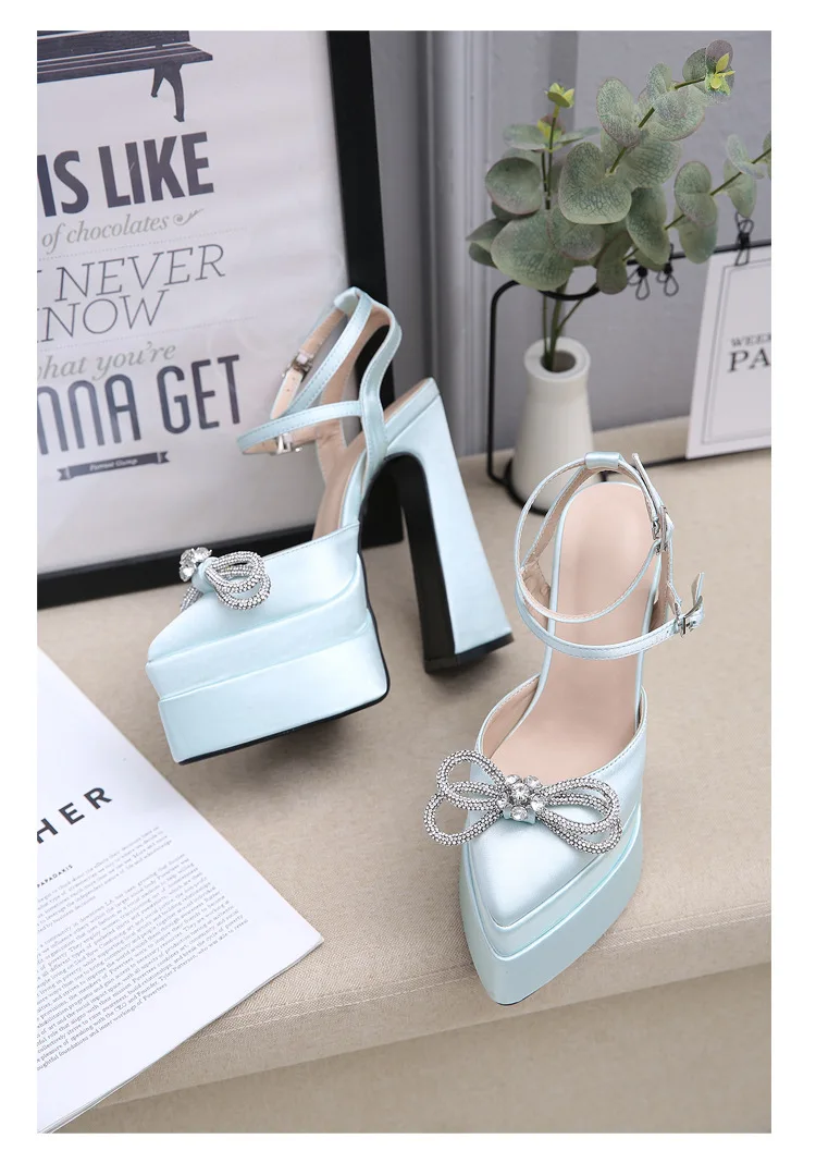 AIYKAZYSDL Point Toe Crystal Rhinestone Bow Knot Butterfly-knot Pumps Ankle Strap Platform Block Chunky High Heel Shoes Sandals