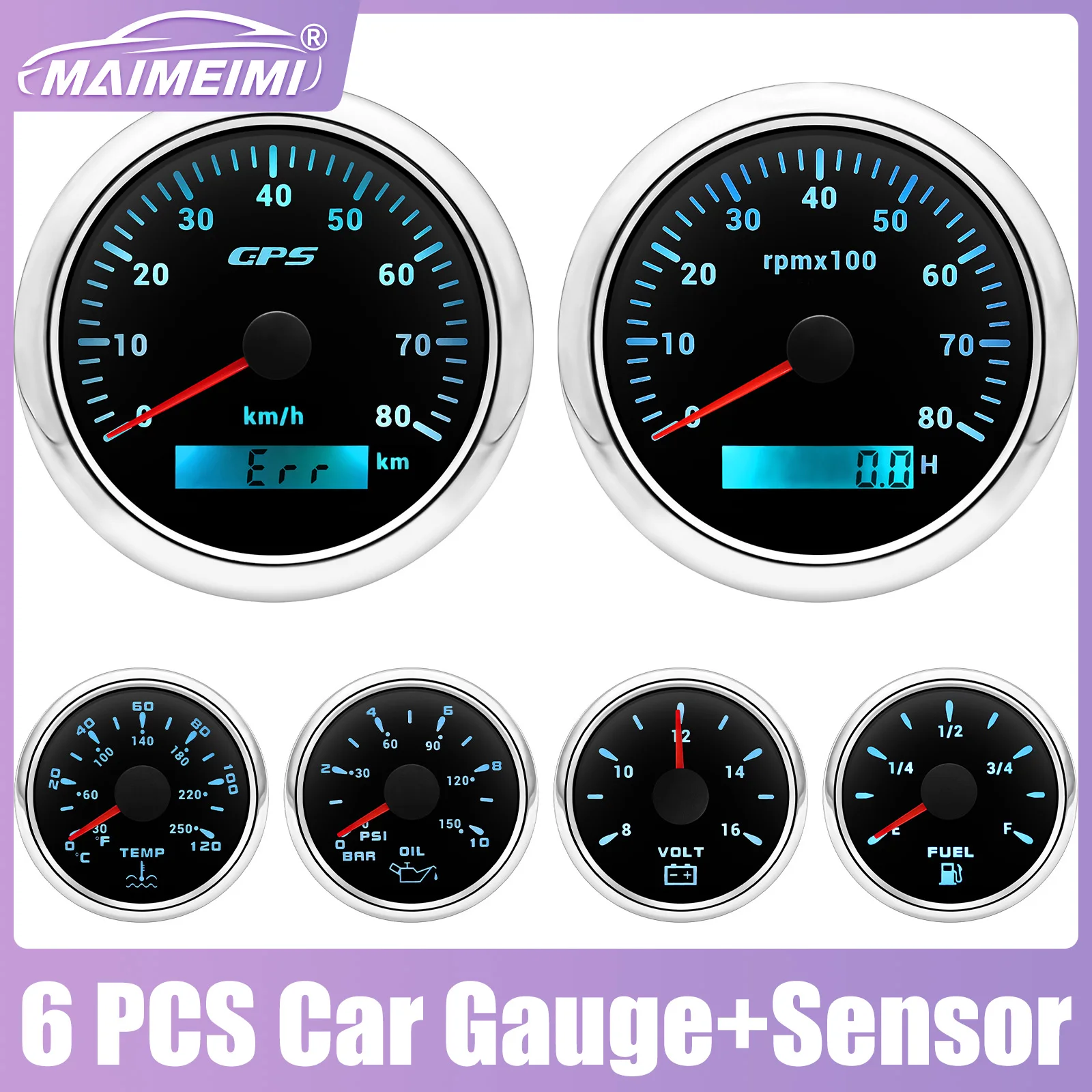 6 PCS Car Gauge + Sensor Set GPS Speedometer KMH MPH Tachometer Water Temperature Gauge Fuel Level Oil Press Voltmeter Meter Kit